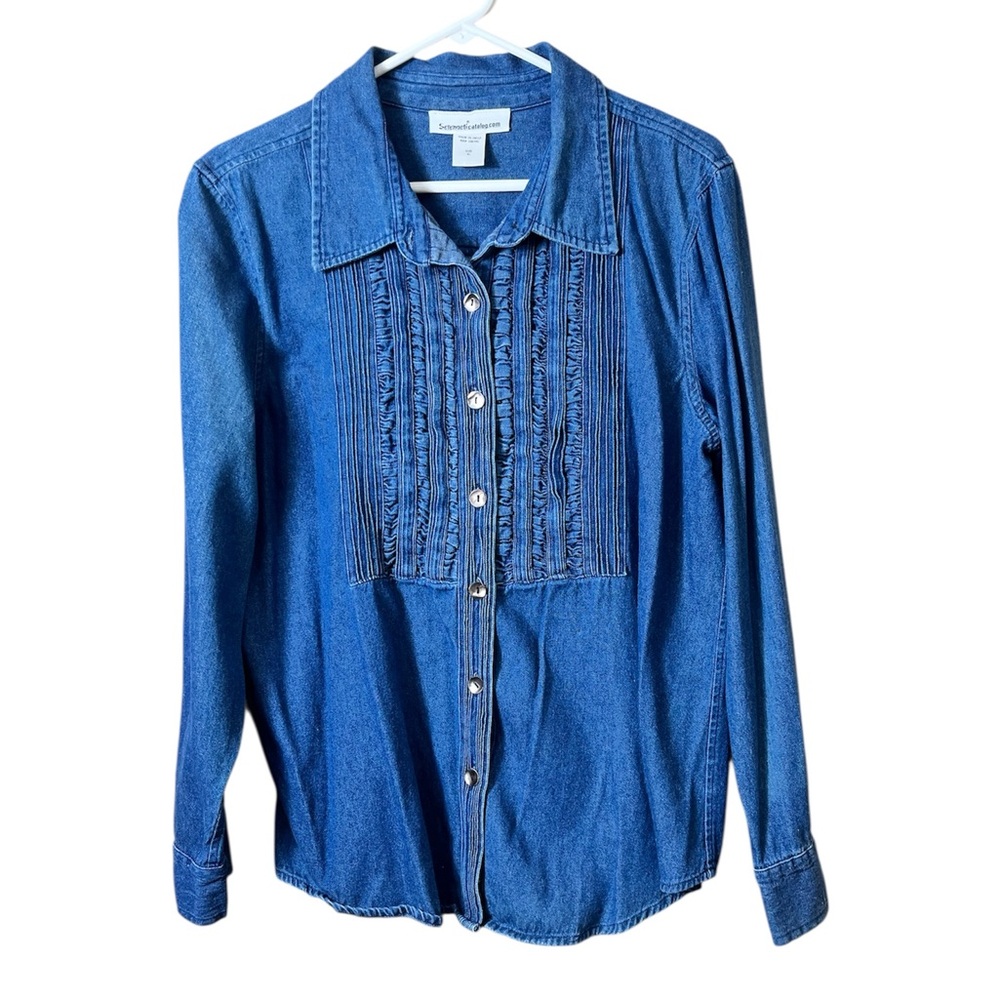 Vintage Blue Denim Cotton Button-Up Shirt Size XL Western Equestrian Cowgirl‎